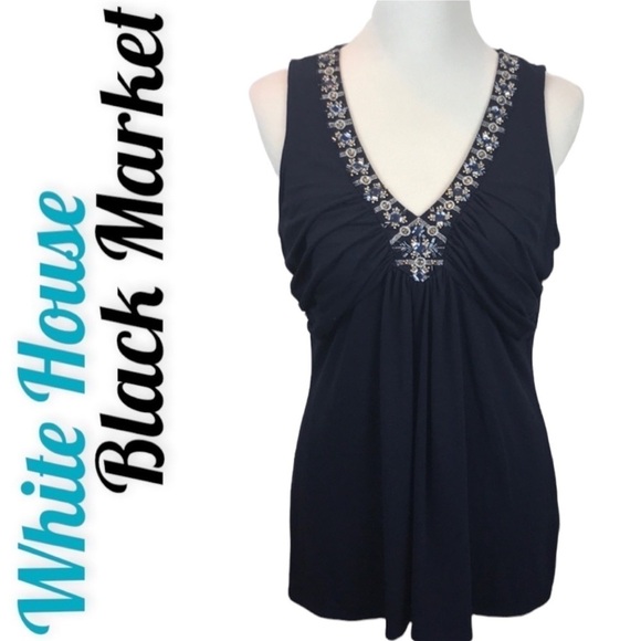 WHBM Sleeveless Ruched Stretchy Navy Blue Blouse Jeweled Embellished Neckline XS - Picture 1 of 8